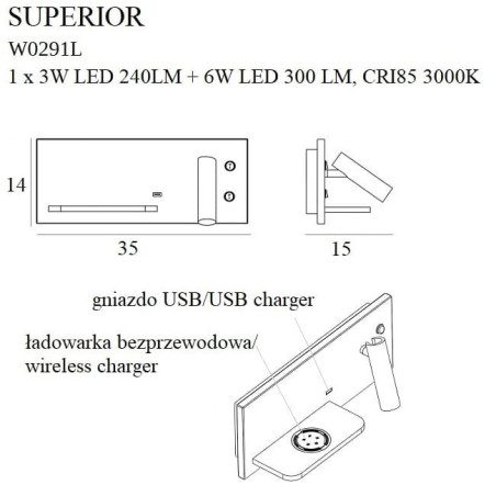 Applique SUPERIOR Gauche LED 9W 3000W USB C + chargeur induction - blanc 