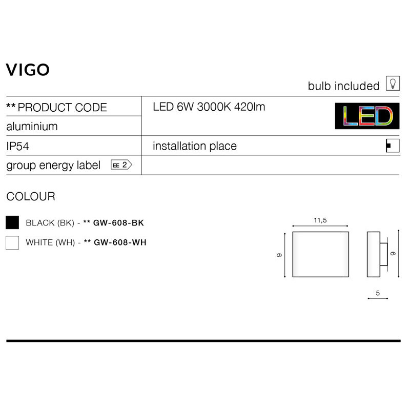 Applique VIGO LED 6W IP54 noir 