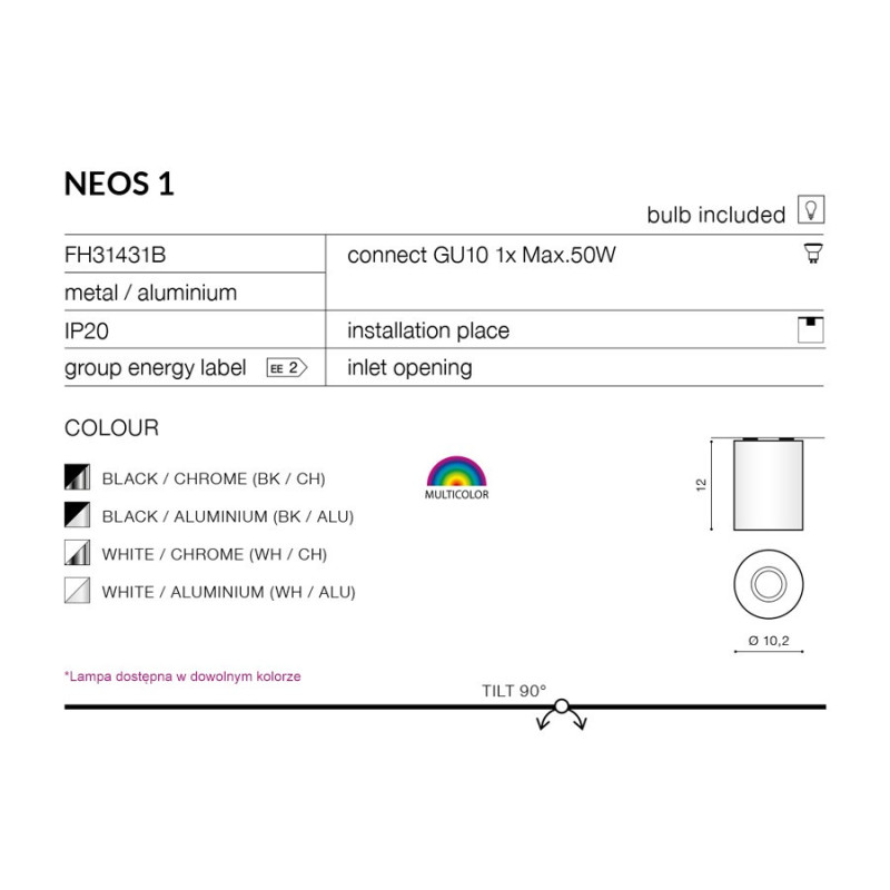 Downlight NEOS 1 GU10 50W noir, aluminium 