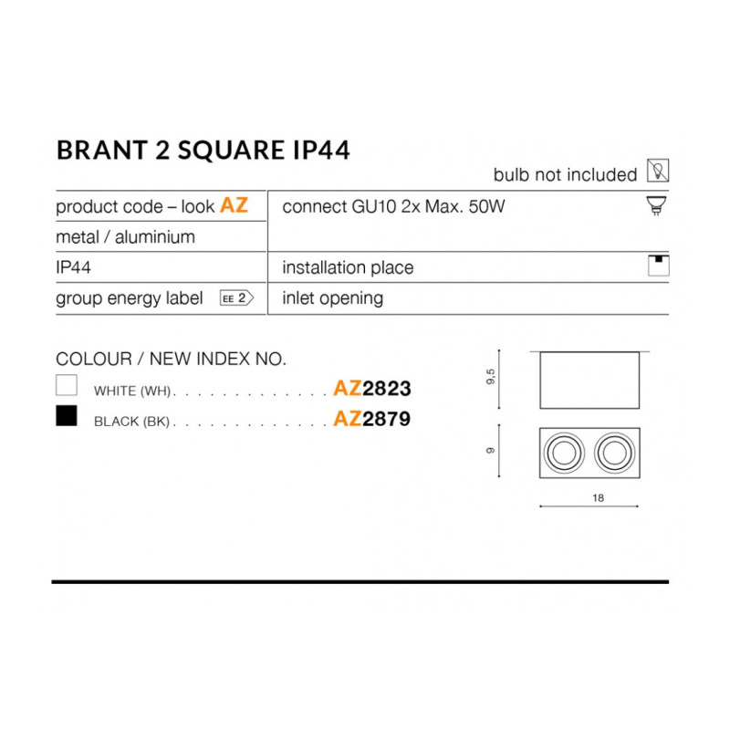 Downlight NT BRANT 2 Carré 2xGU10 IP44 - blanc 