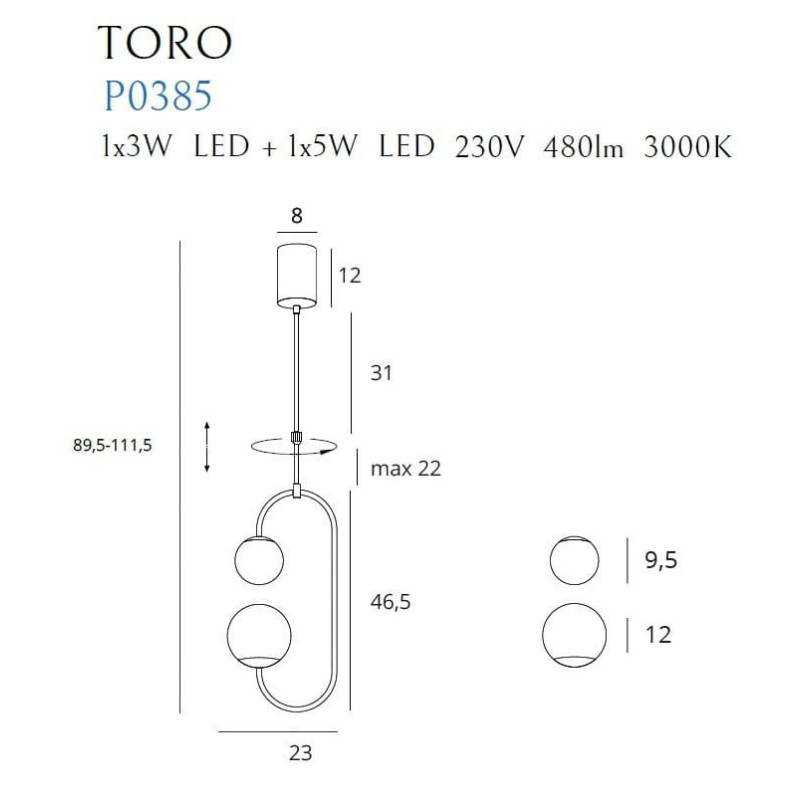 Lampe Design suspendue TORO LED 8W 3000K - or