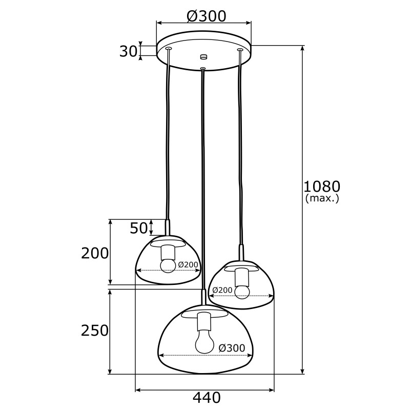 Suspension luminaire TRINI 3xE27 - noir / transparent