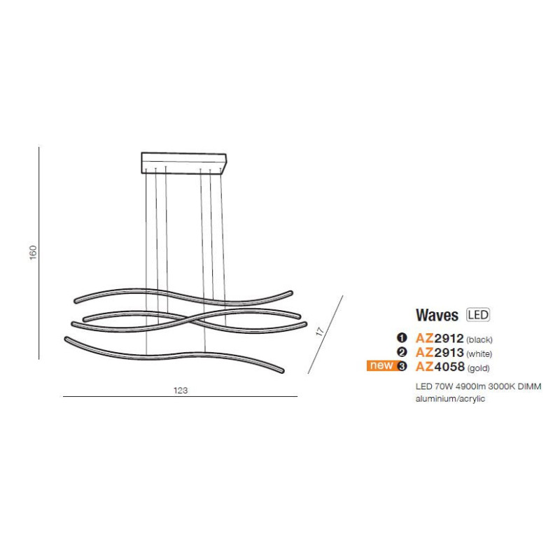 Luminaire Design suspendue WAVES DIM LED 70W 3000K - or