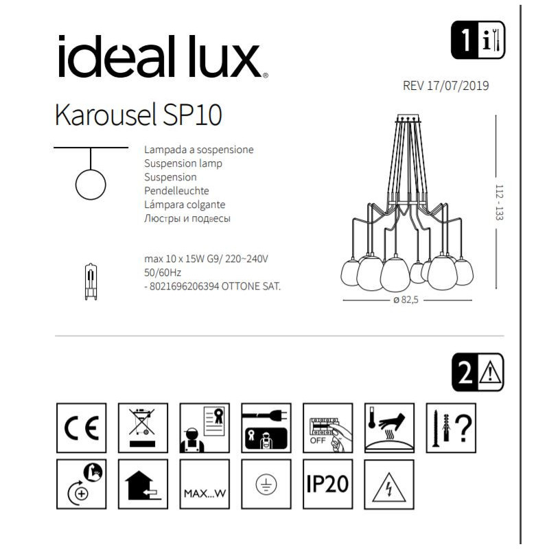 Lampe Suspendue design KAROUSEL SP10 10xG9 - or / blanc