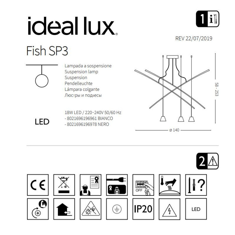 Luminaire Design suspendue FISH SP3 LED 18W 3000K - noir