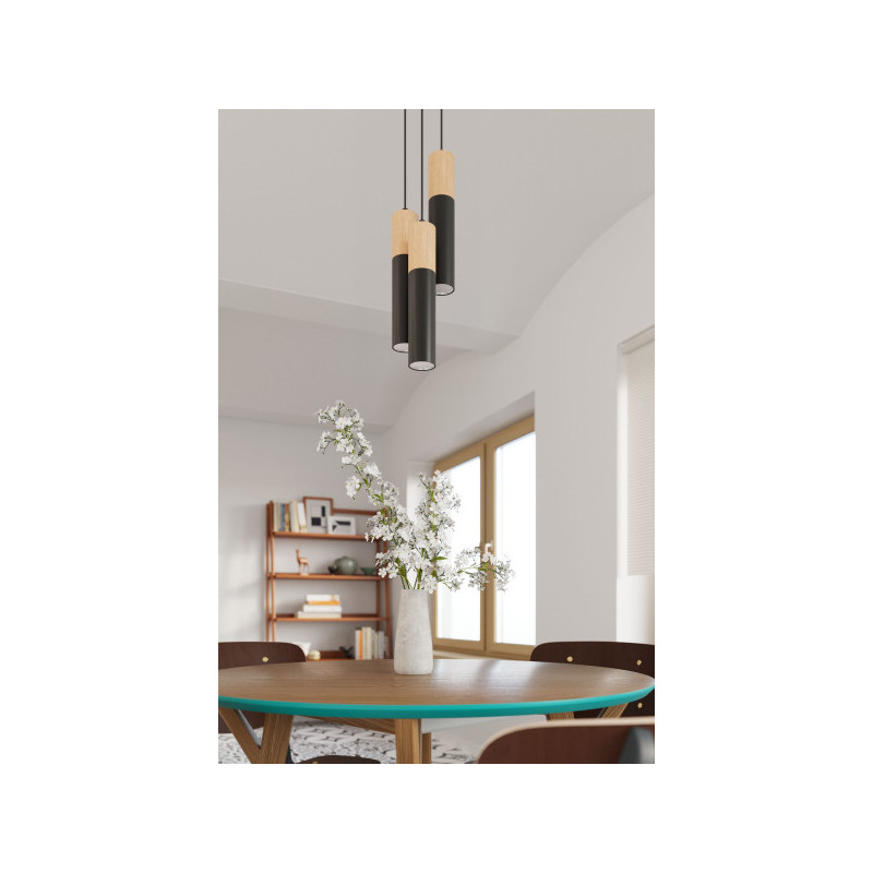 Suspension design PABLO 3P 3xGU10 - noir / bois