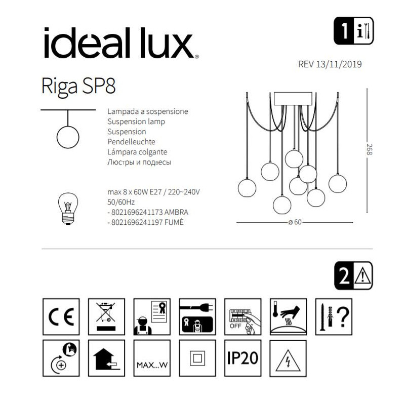 Suspension design RIGA SP8 8xE27 - transparent / ambre