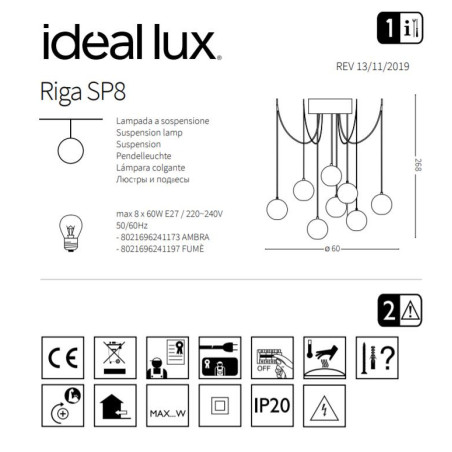 Lampe Suspendue design RIGA SP8 8xE27 - gris