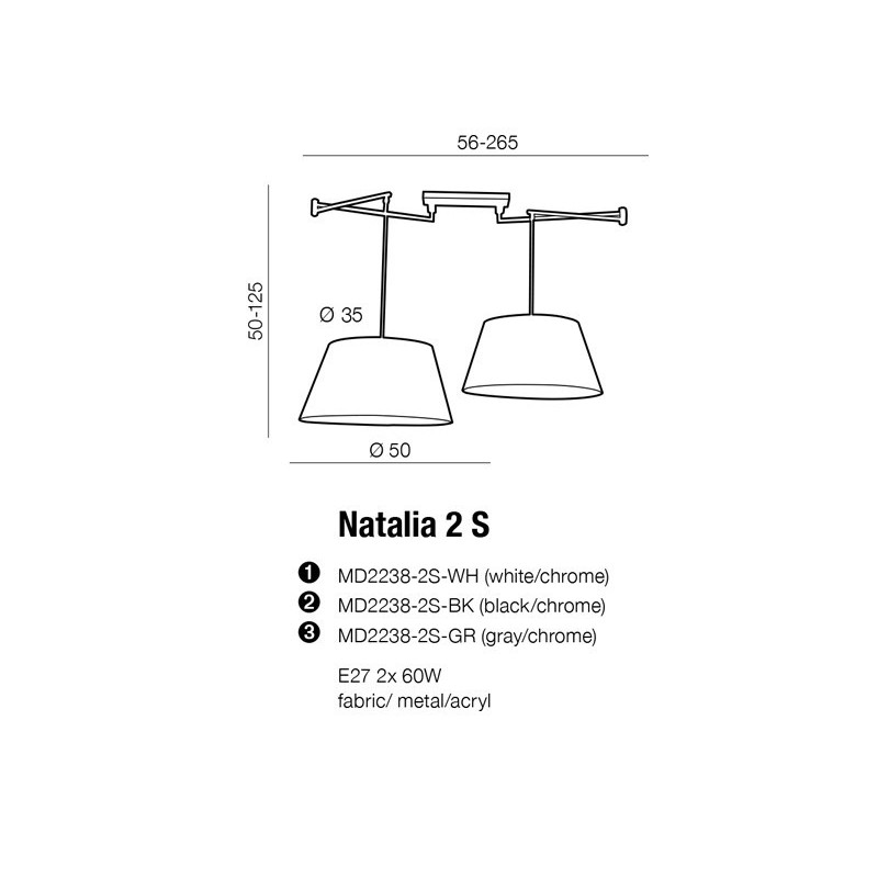 Suspension design NATALIA 2 S E27 2x60W blanc / chrome