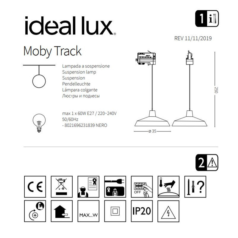 Luminaire Industriel Suspension MOBY TRACK E27 - noir