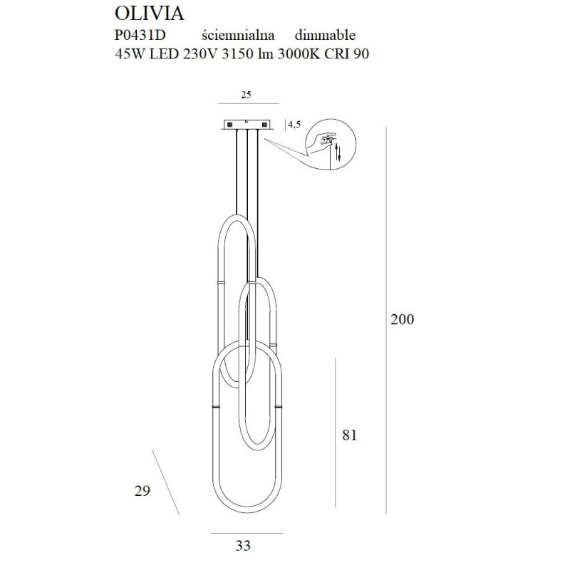 Luminaire Design suspendue OLIVIA LED 45W 3000K DIM - or