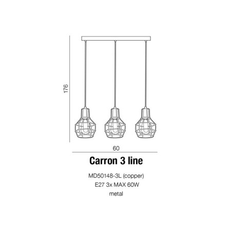 Suspension industrielle bande CARRON 3 E27 3x60W cuivre