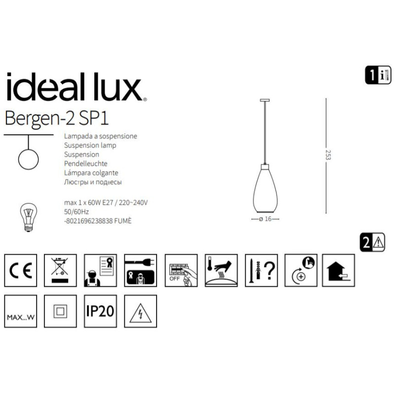 Suspension luminaire BERGEN-2 SP1 E27 - noir / fumé