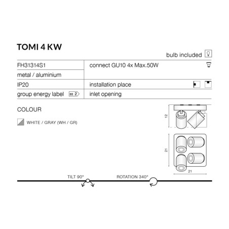 Applique et plafonnier TOMI 4 KW GU10 4x50W blanc, gris 