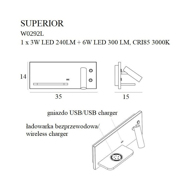 Applique SUPERIOR Gauche LED 9W 3000W USB C + chargeur induction - noir 