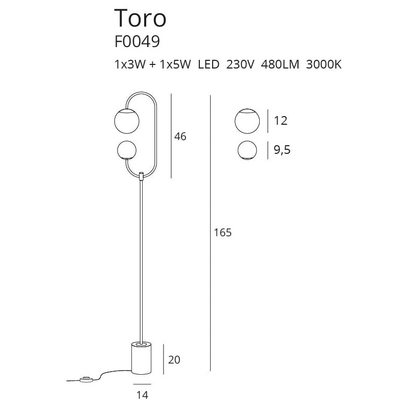 Lampadaire TORO LED 8W 3000K - or 