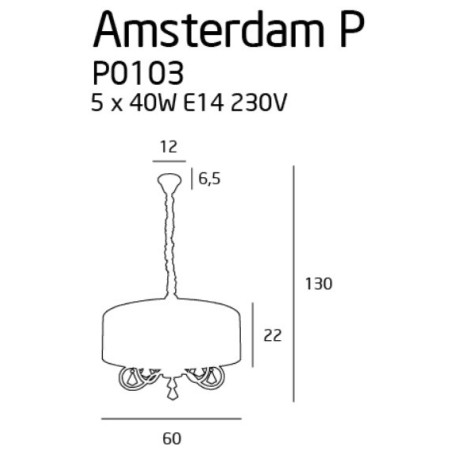 Lampe suspendue AMSTERDAM 5xE14 - chrome / écru Cristal