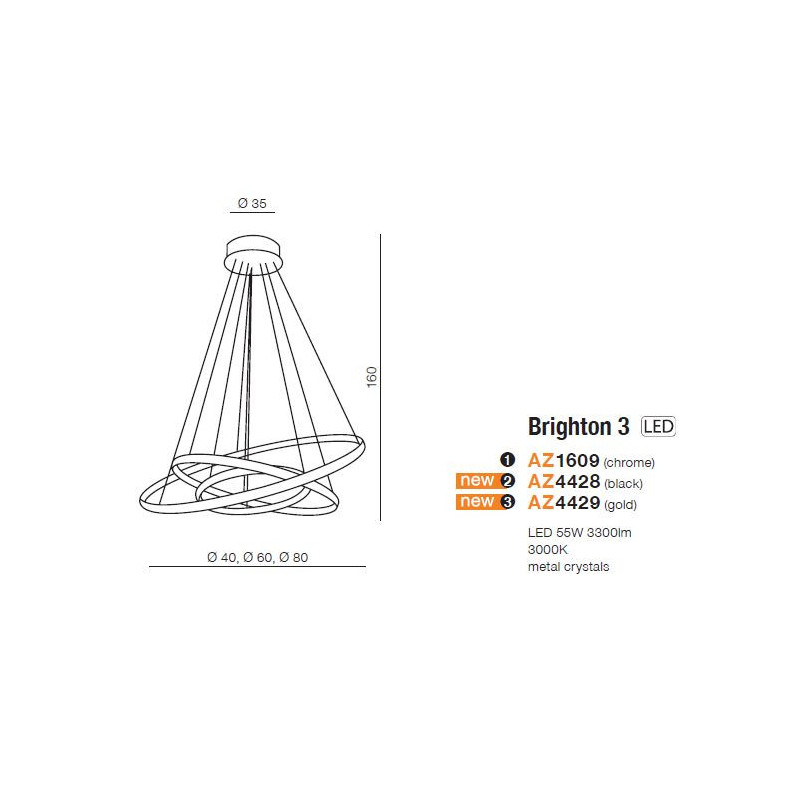 Lampe Design suspendue BRIGHTON 3 LED 55W 3000K - noir