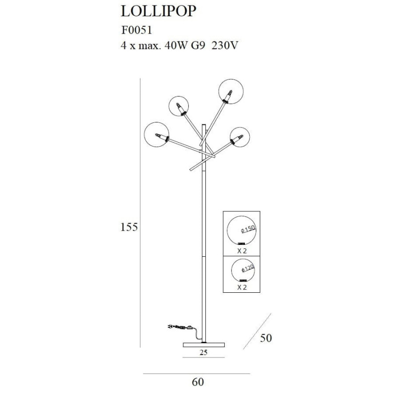 Lampadaire LOLLIPOP 4xG9 - noir 