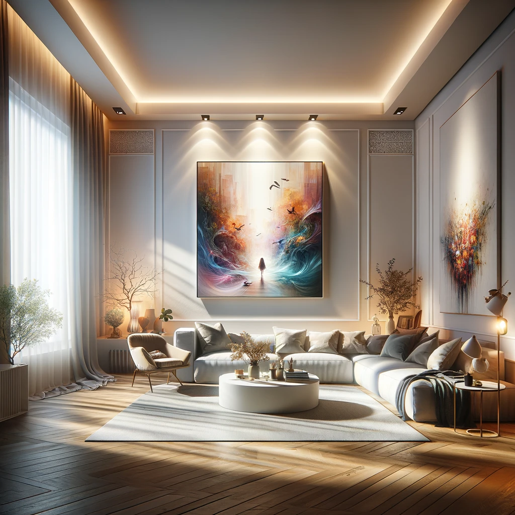 Grand tableau mis en valeur dans un salon au style chic et minimaliste avec un éclairage par projecteur permettant une lumière directionnelle 