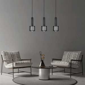 Le titre du produit en français est : "Lustre AMO 3xE27 - noir/doré