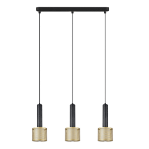 Le titre du produit en français est : "Lustre AMO 3xE27 - noir/doré