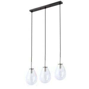 Le titre du produit traduit en français est : "Suspension FONDI 3L 3xE14 - transparent/chrome/noir