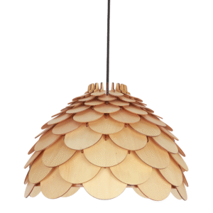 The translation of the product title "Lampa wisząca BURGO duża E27 - drewno" into French is: "Suspension BURGO grande E27 - bois