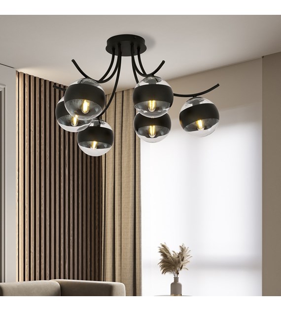 Plafonnier Boston 6 Noir Rayé — design moderne, abat-jour verre BOSTON 6 NOIR/RAYÉ
