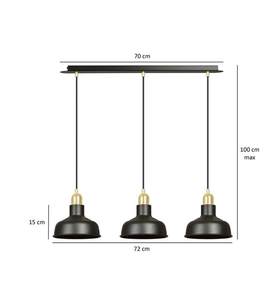 Suspension IBOR 3 Noir design loft, abat-jours ouverts, accents dorés IBOR 3 NOIR
