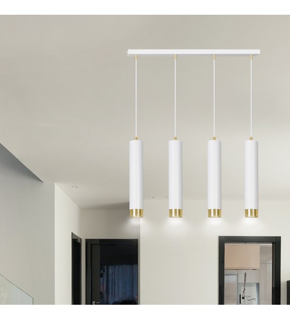 KIBO 4 Blanc/Or – Luminaire suspendue tubulaire 4 sources, métal KIBO 4 BLANC/OR