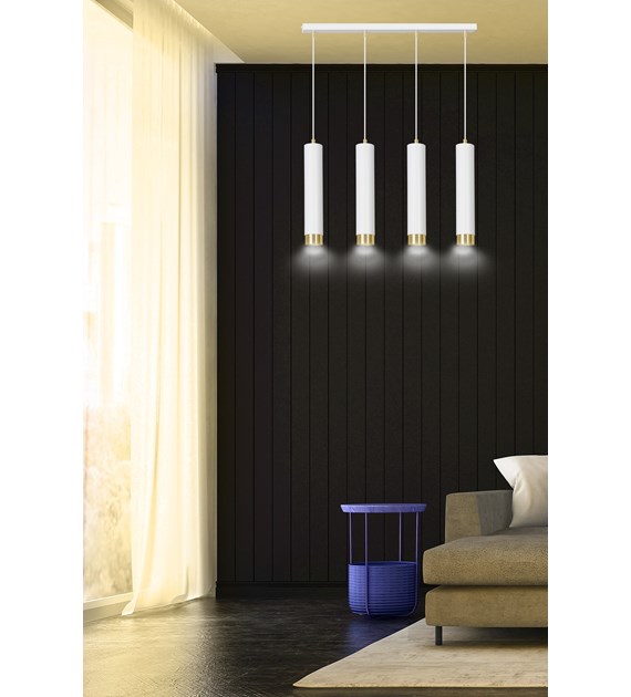 KIBO 4 Blanc/Or – Luminaire suspendue tubulaire 4 sources, métal KIBO 4 BLANC/OR