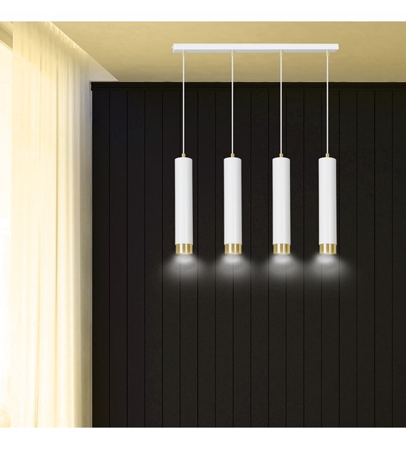 KIBO 4 Blanc/Or – Luminaire suspendue tubulaire 4 sources, métal KIBO 4 BLANC/OR