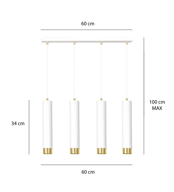 KIBO 4 Blanc/Or – Luminaire suspendue tubulaire 4 sources, métal KIBO 4 BLANC/OR