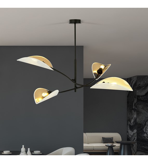 Plafonnier LOTUS 4 blanc/or – abat-jours feuilles, 2/4/6 lampes LOTUS 4 BLANC/OR