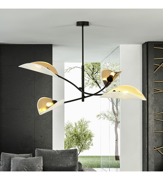 Plafonnier LOTUS 4 blanc/or – abat-jours feuilles, 2/4/6 lampes LOTUS 4 BLANC/OR