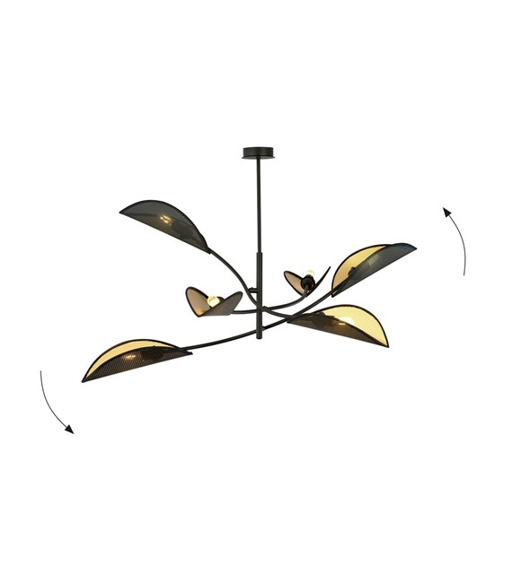 Plafonnier LOTUS 6 Noir/Or: abat-jours feuilles, design ethnique LOTUS 6 NOIR/OR