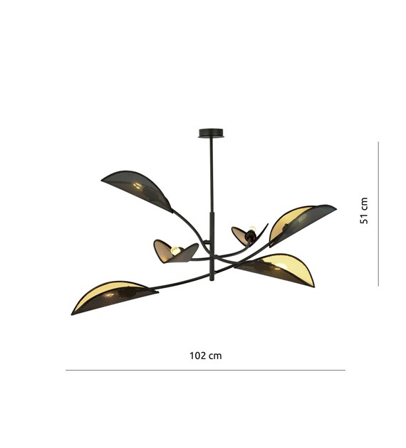 Plafonnier LOTUS 6 Noir/Or: abat-jours feuilles, design ethnique LOTUS 6 NOIR/OR