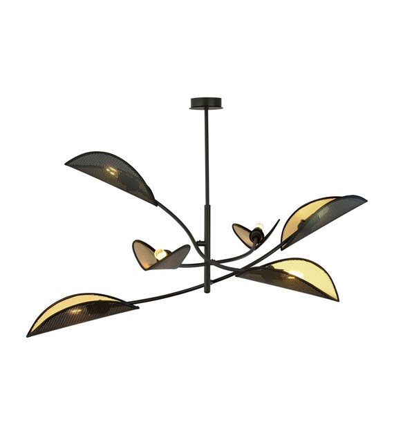 Plafonnier LOTUS 6 Noir/Or: abat-jours feuilles, design ethnique LOTUS 6 NOIR/OR