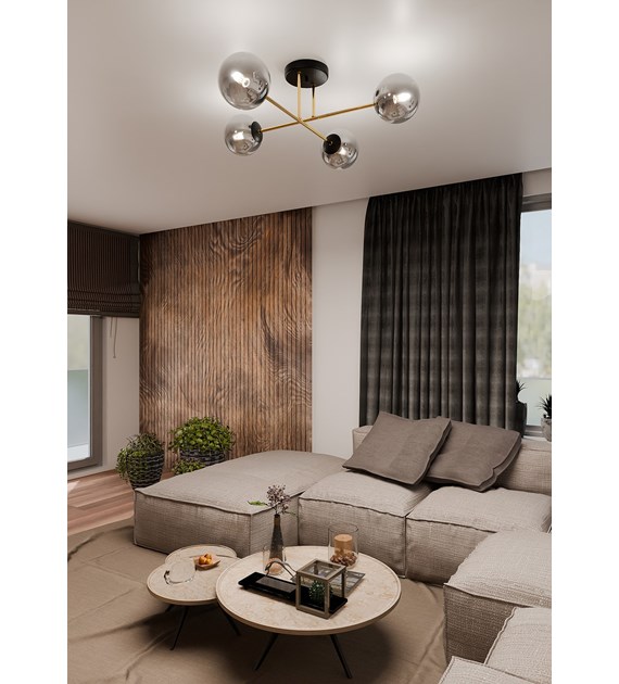 Plafonnier design MAGNUM 4 noir graphite, verre, armature dorée MAGNUM 4 BL GRAPHITE