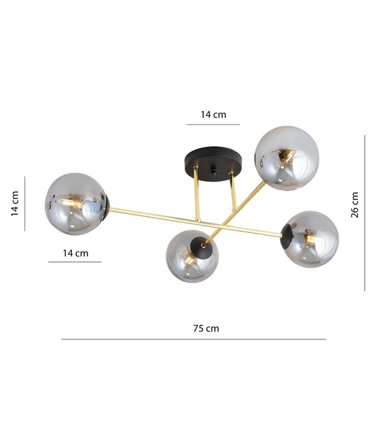 Plafonnier design MAGNUM 4 noir graphite, verre, armature dorée MAGNUM 4 BL GRAPHITE