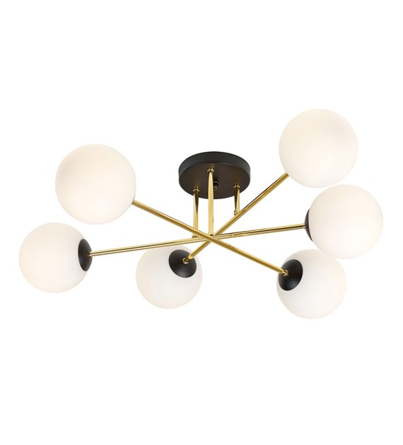 Plafonnier MAGNUM 6 feux OPAL, verre opalin, structure dorée, design MAGNUM 6 BL OPAL