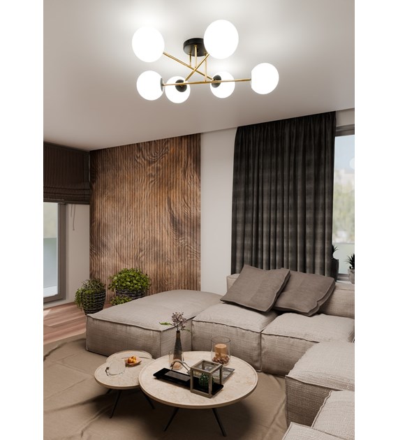 Plafonnier MAGNUM 6 feux OPAL, verre opalin, structure dorée, design MAGNUM 6 BL OPAL