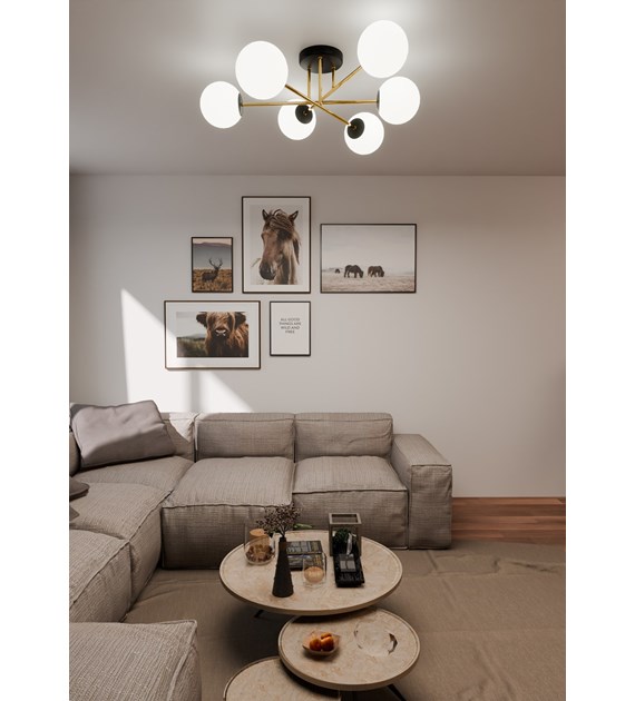 Plafonnier MAGNUM 6 feux OPAL, verre opalin, structure dorée, design MAGNUM 6 BL OPAL