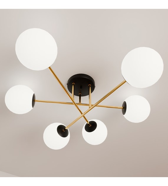 Plafonnier MAGNUM 6 feux OPAL, verre opalin, structure dorée, design MAGNUM 6 BL OPAL