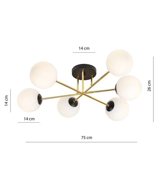 Plafonnier MAGNUM 6 feux OPAL, verre opalin, structure dorée, design MAGNUM 6 BL OPAL