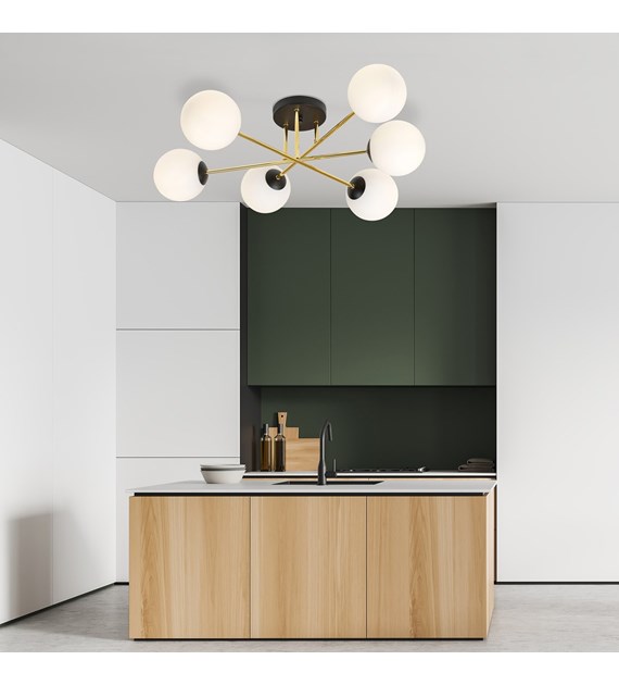 Plafonnier MAGNUM 6 feux OPAL, verre opalin, structure dorée, design MAGNUM 6 BL OPAL
