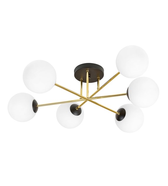 Plafonnier MAGNUM 6 feux OPAL, verre opalin, structure dorée, design MAGNUM 6 BL OPAL