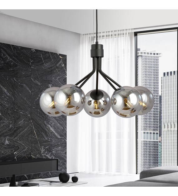 Lampe suspendue NOVA 5 lumières noir graphite, abat-jours en verre NOVA 5 NOIR/GRAFIT