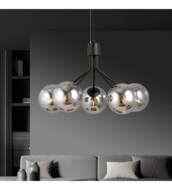 Lampe suspendue NOVA 5 lumières noir graphite, abat-jours en verre NOVA 5 NOIR/GRAFIT